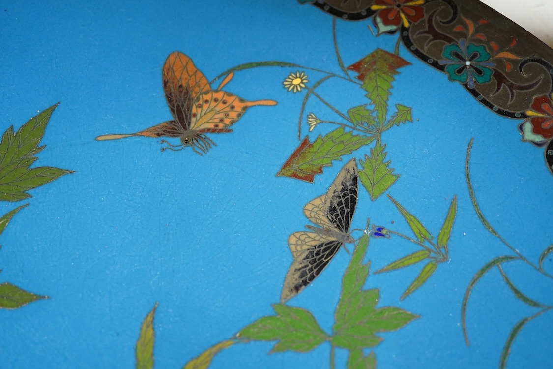 A Japanese cloisonné enamel charger, Meiji period, decorated with butterflies and flowers, 46cm diameter
